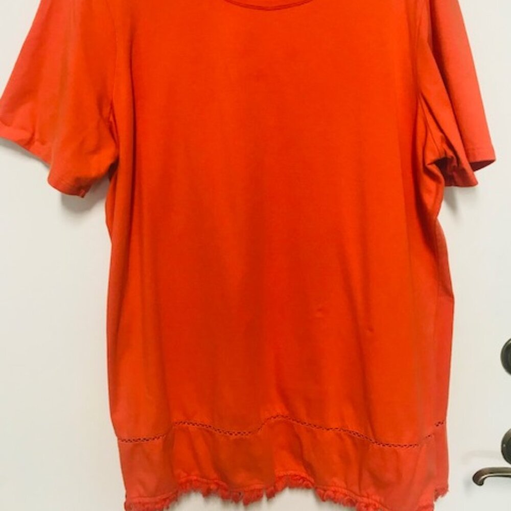 WOMENS DENIM & CO COTTON ORANGE SHORT SLEEVTUNIC W/BOTTOM FRINGE. SZ. 1X